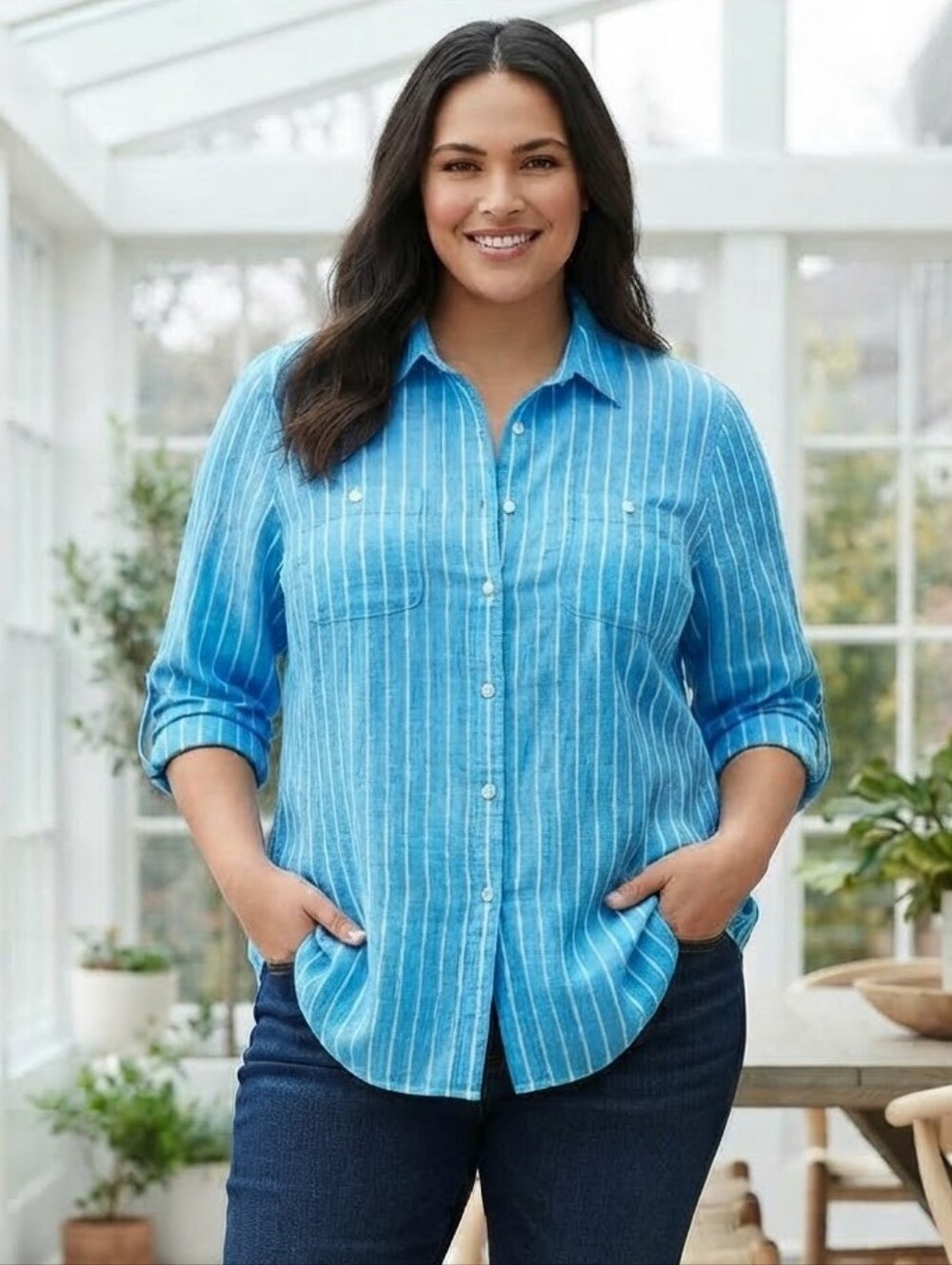 Lauren Ralph Lauren Women's 2X Blue & White Stripe 100% Cotton Button-Down